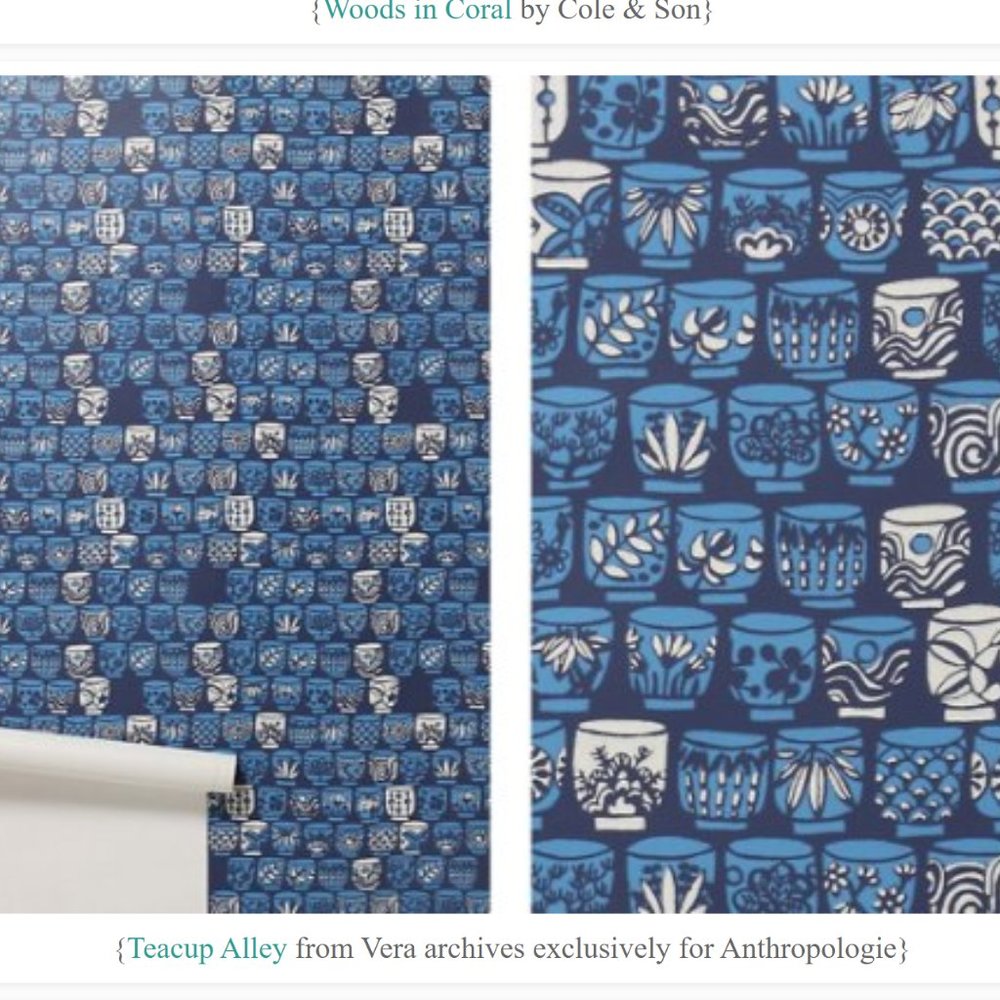 Anthropologie Tea Cup Alley Vera Wallpaper Blue, White, Pots, Plants, SOLD OUT